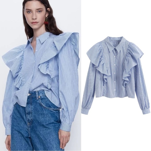 Tops - Zara Long Sleeve Stripe Blue White Shirt Ruffles Size XS